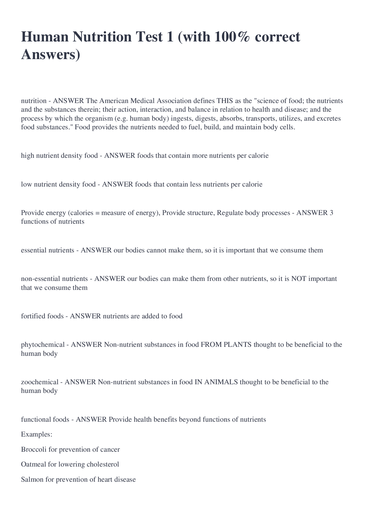 Preview image for Human Nutrition Test 1 (with 100% correct Answers)